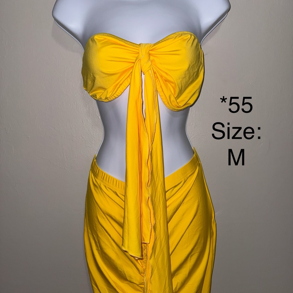 Yellow Tie-Front Bandeau Top and Skirt Set
